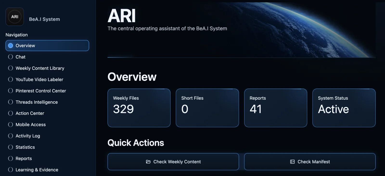 ARI's overview screen: 329 weekly files, 41 reports and system status active, with quick actions to check the weekly content and the manifest.